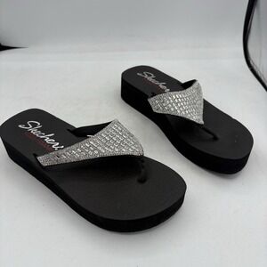 Skechers Sandals Womens 7 Vinyasa Black Rhinestone Yoga Foam Platform Flip Flop